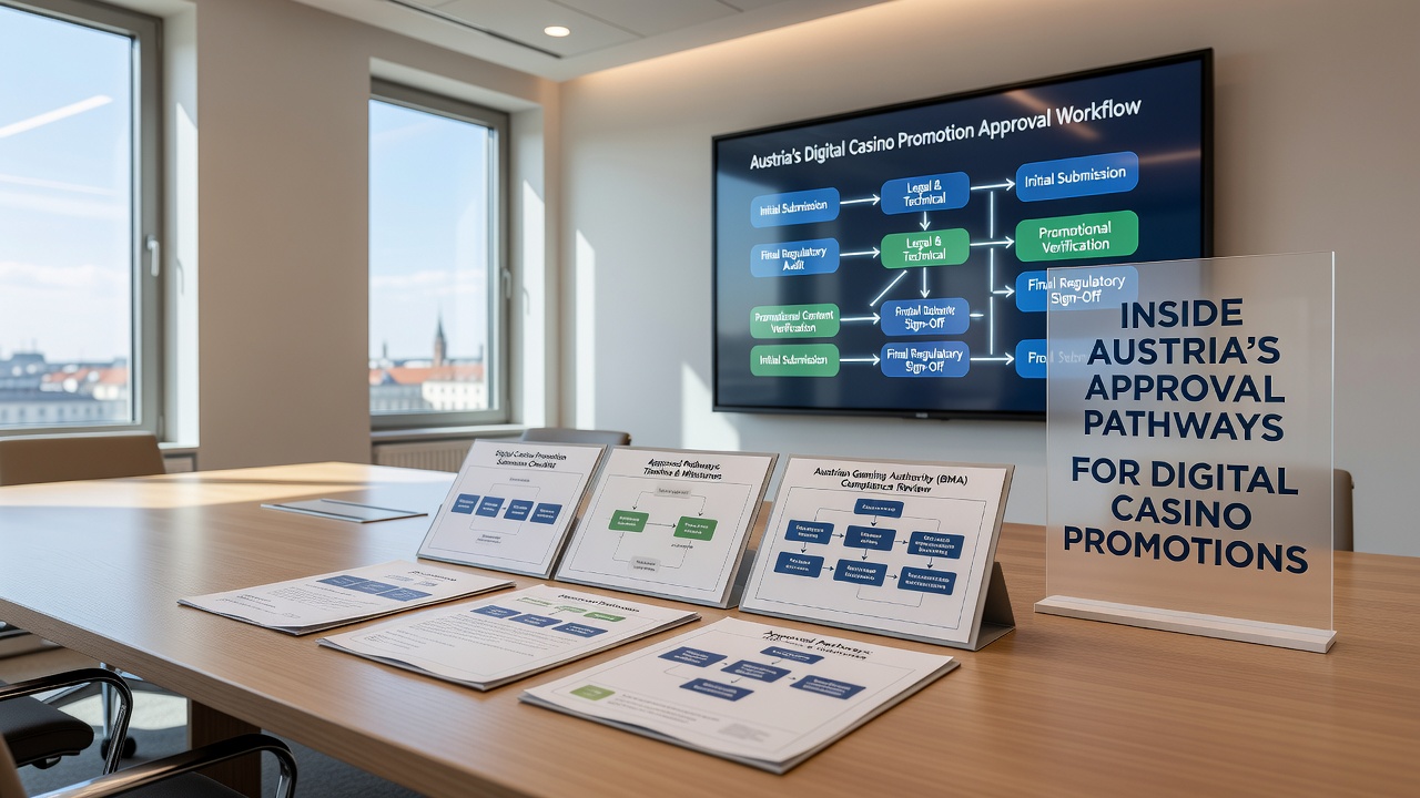 Austrian regulatory officials reviewing digital casino promotion applications in a modern office setting